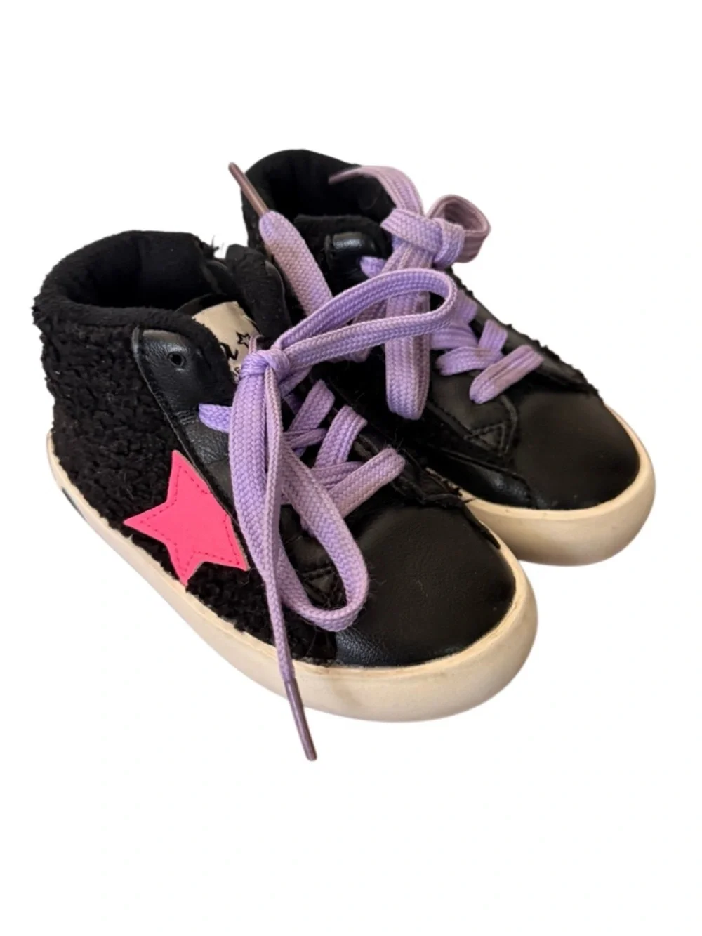 Lola + the Boys Black Sherpa High-Top Sneakers w Pink Star -Size 6